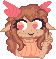 An image of Maple. She's an elf girl with light brown fluffy hair, pink eyes and pink horns. She's showing a peace sign.