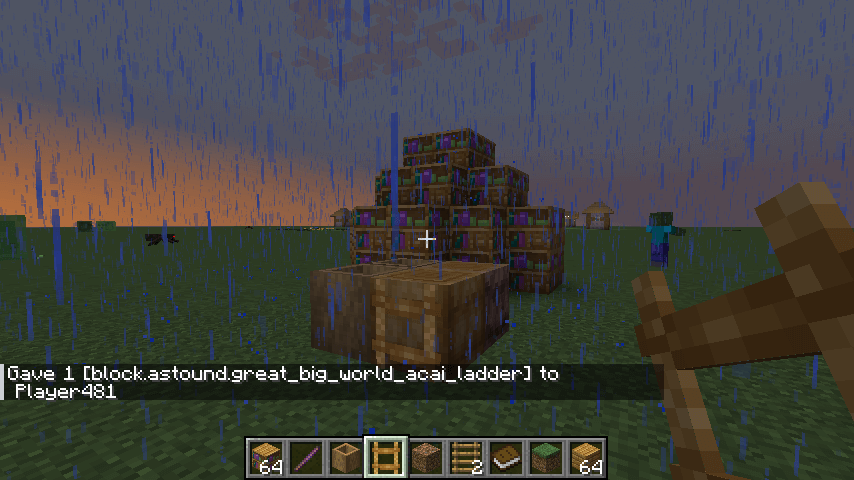 A superflat world with some mobs and a village in the distance, a mound of bookshelves and a few logs with a ladder on it. The player is holding the ladder, and the chatlog reads: 'Gave 1 [block.astound.great_big_world_acai_ladder] to Player481'.