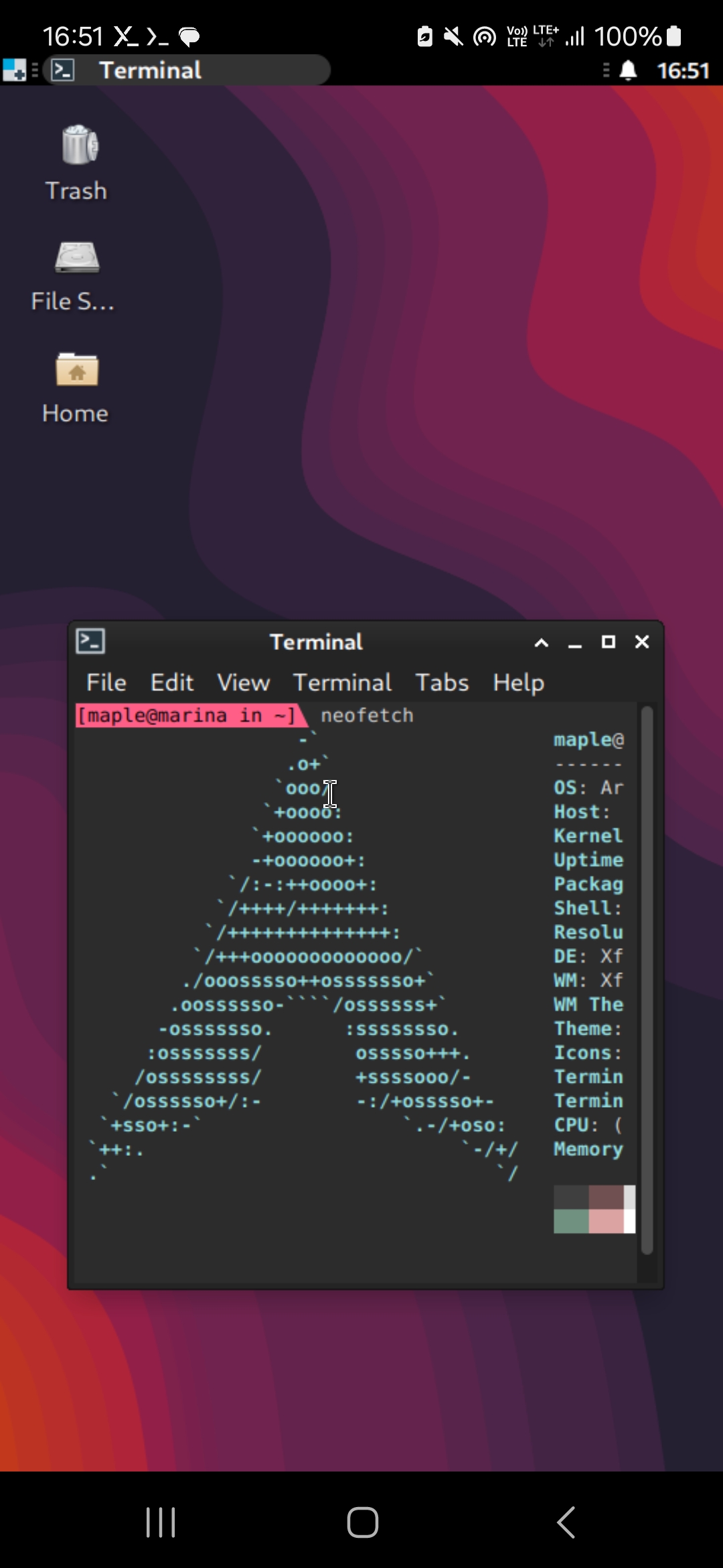 An image of XFCE4 running in an Android app, vaguely themed like Gnome. A console window running neofetch is open, but the output is cropped out.